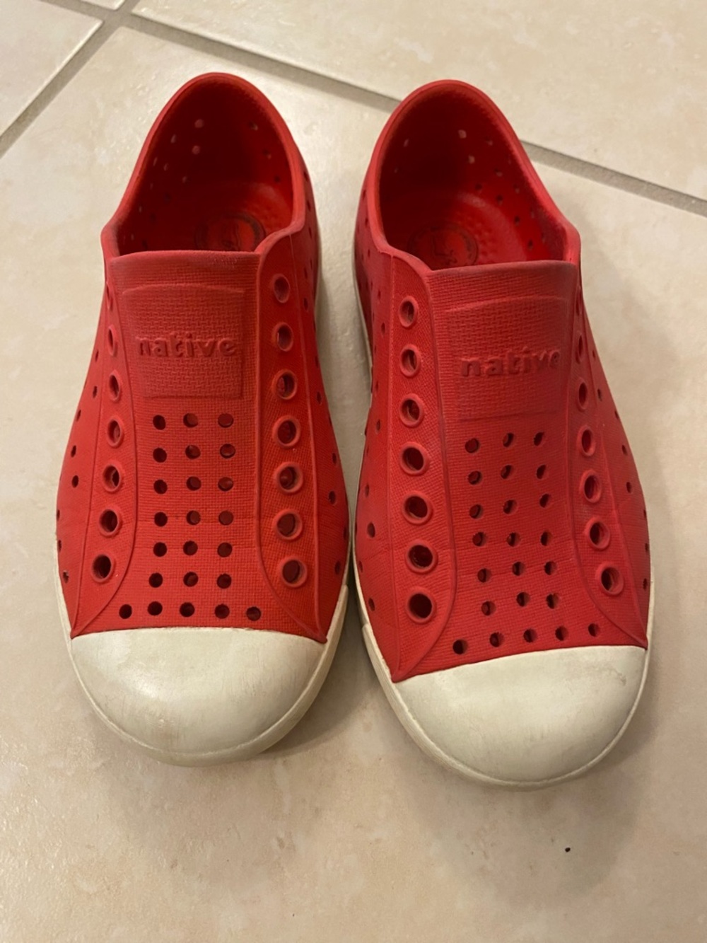 Native Slip-On Kids Water Shoes in Red with White Toe